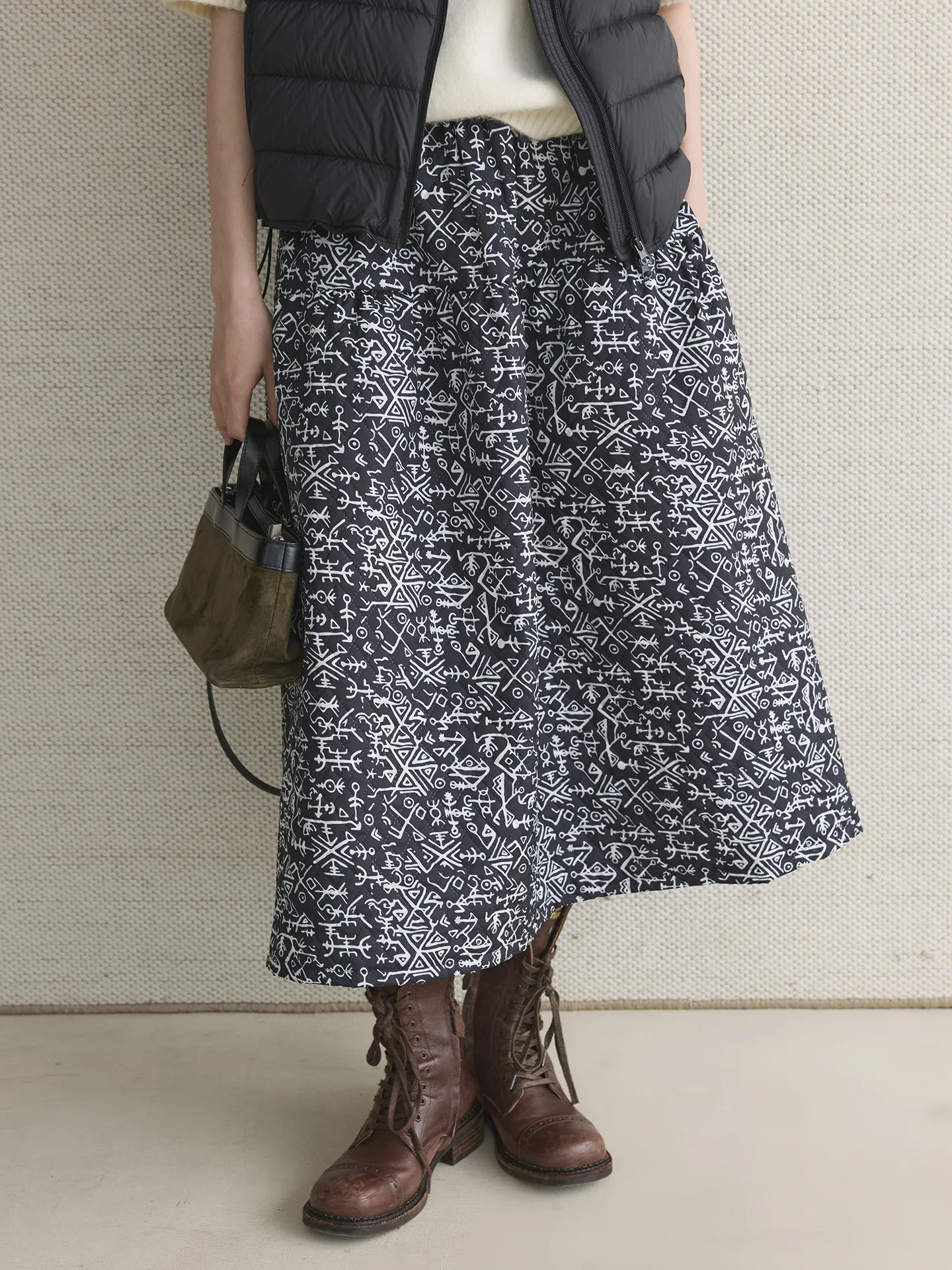 겨울 패션 레트로 물고기뼈 기하학 패턴 A라인 스커트, 편안하고 캐주얼한 여성용 롱 스커트