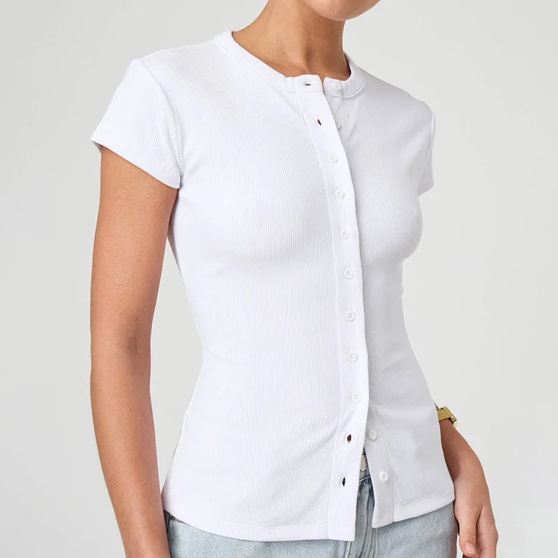 New Solid Color Sexy Buttons Short-sleeved T-shirt Top Women's European American Women's Clothing Spring and Summer Y25TP017