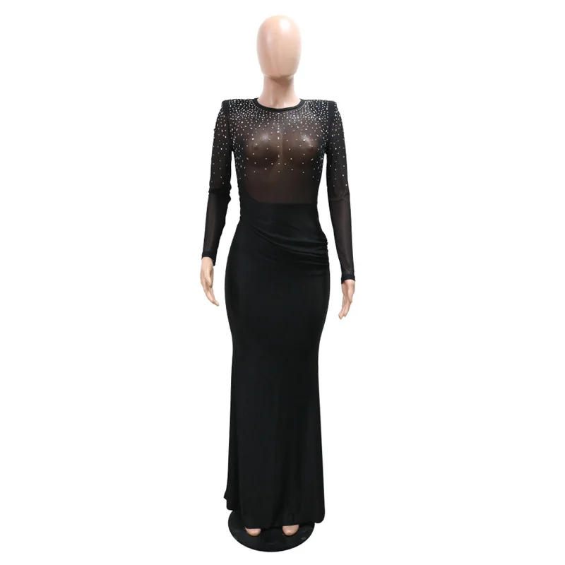 Women Long Sleeve Sexy See Through Mesh Patchwork Diamonds Maxi Evening Party Dresses Black Bodycon Rhinestone Night Club Dress