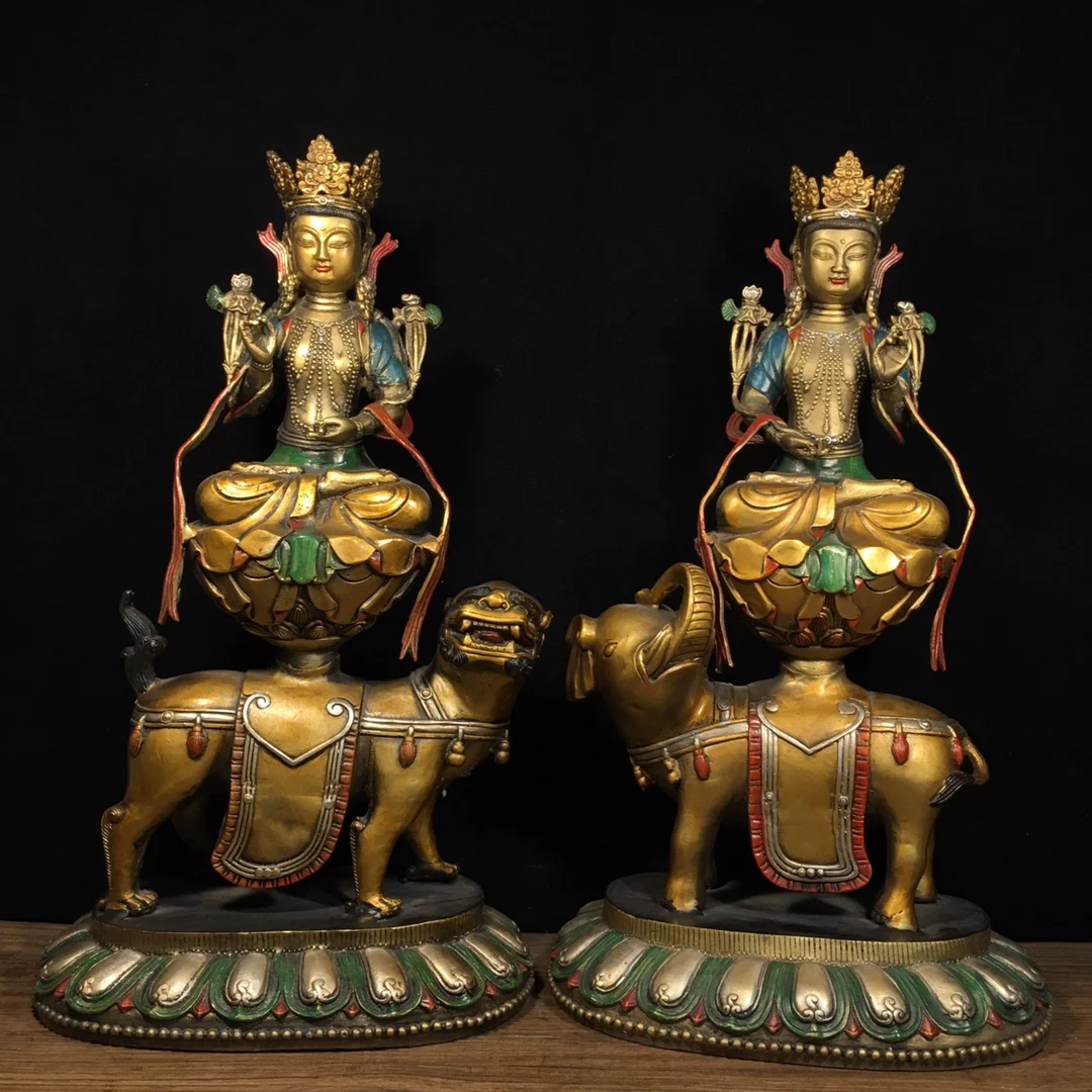 

18"Tibetan Temple Collection Old Bronze Painted Manjusri Bodhisattva Samantabhadra Buddha Lion mount Worship Hall Town house