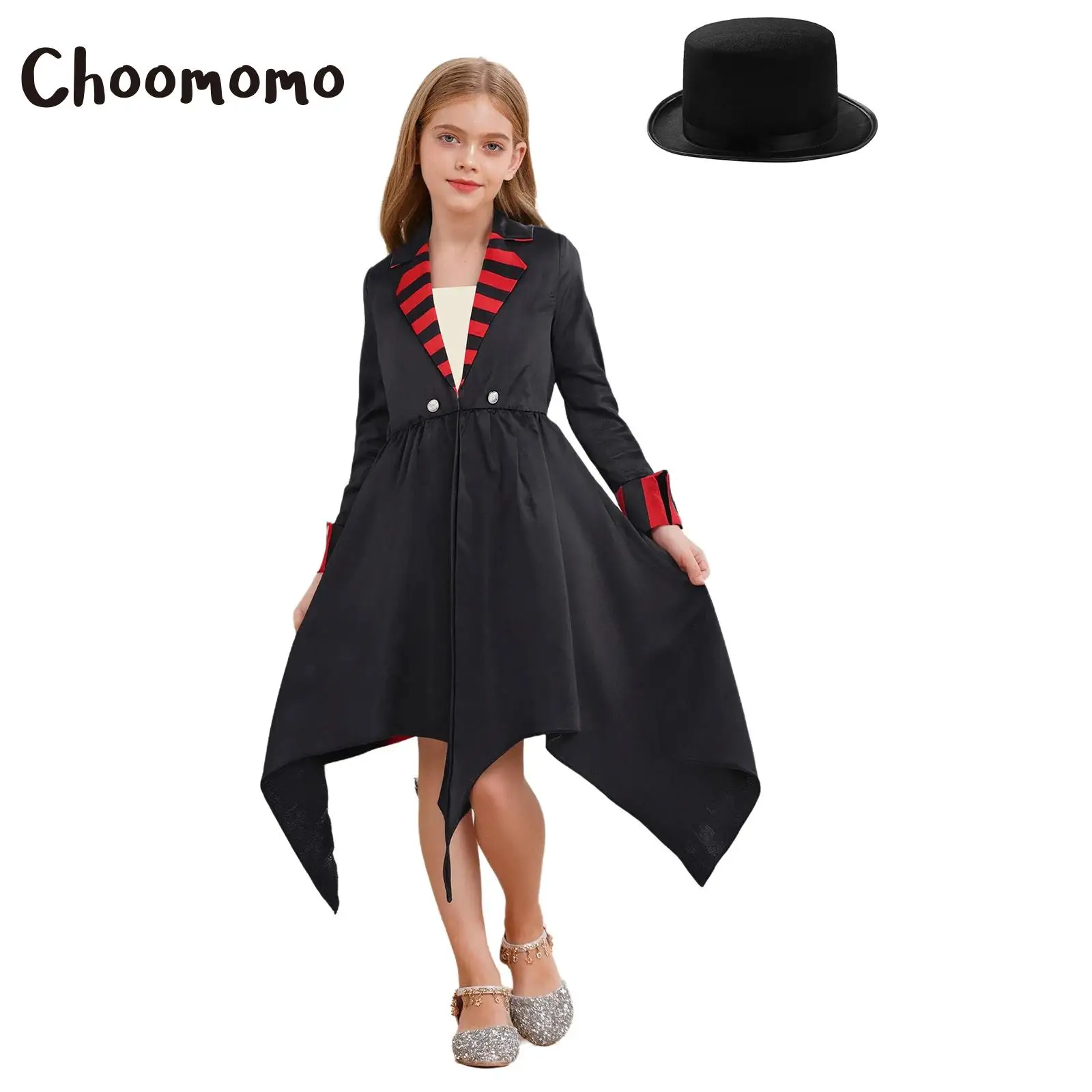 

Halloween Gothic Vampire Costume Cosplay Dress For Kids Girls With Long Sleeves Coat Felt Top Hat Kids Spooky Party Dress Up