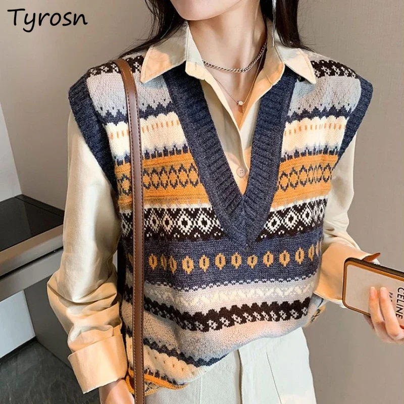 

Striped Vintage Loose V-neck Sweater Vests Women Preppy Style BF Gentle Cozy Knitted Harajuku Panelled Korean Fashion Clothing