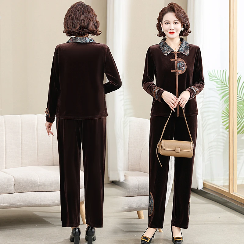 Completi da donna Giacca a maniche lunghe in velluto Pantaloni Abito Madre di mezza età Due pezzi taglie forti Madre di mezza età 2 pezzi Outfi