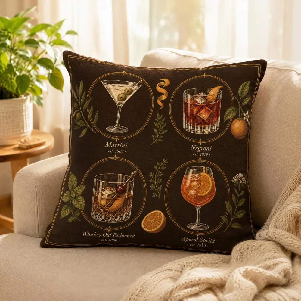 Vintage Classic Cocktail Square Throw Pillow Drink Illustration Retro Bar Decorative Cushion for Sofa Living Room Home Decor