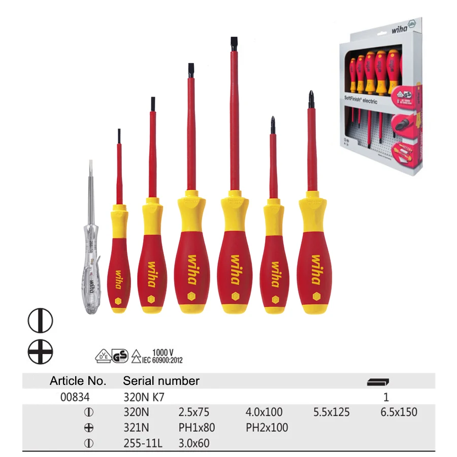 WIHA 00834 Insulated Electrical Screwdriver Set 7Pcs Slotted Phillips Screwdriver Voltage Tester Wiha VDE Precision Screwdriver