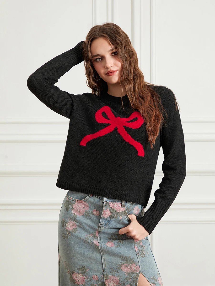 Women s Cozy Knit Pullover Sweater with Long Sleeves and Embroidered Bow Detail Perfect for Fall and Winter Casual Wear