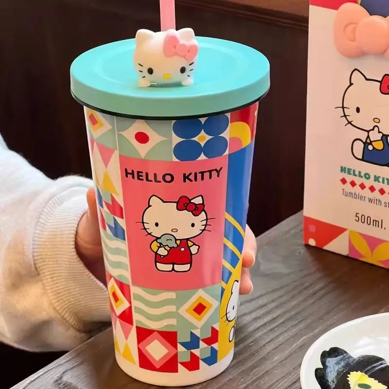 

2024 новая мультяшная Изолированная чашка Hello Kitty большой емкости двухслойная термостойкая чашка из нержавеющей стали Милая соломенная чашка для воды