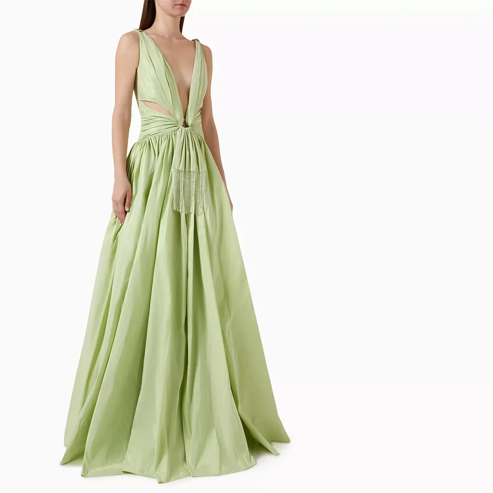 

Sevintage Mint Green Taffeta Prom Dresses V-Neck Sleeveless A-Line Saudi Arabic Evening Gowns Formal Occasion Dress