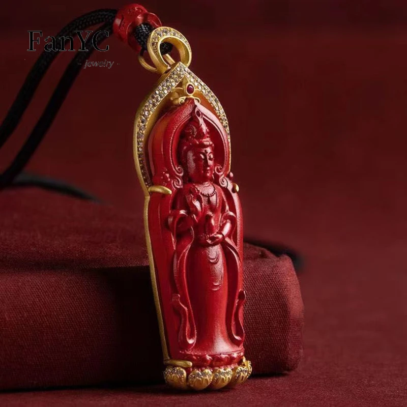 S925 Silver Inlaid Jade Cinnabar GuanYin Pendant Red Sand Bodhisattva Men\'s and Women\'s Necklace Exquisite Jewelry Mascot