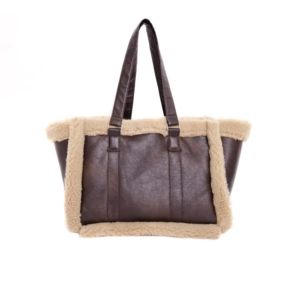 FAUX SHEARLING TOTE BAG traf winter new fashion patchwork texture fur one hand bill shoulder fur large shopping bag