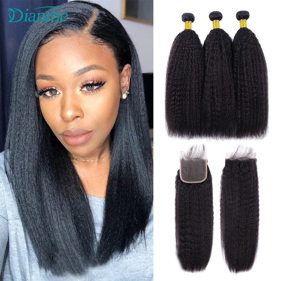 

Kinky Straight Bundles With Closure Brazilian Human Hair 3 Kinky Straight Bundles With 4x4 Closure For Women Non Remy Dianthe