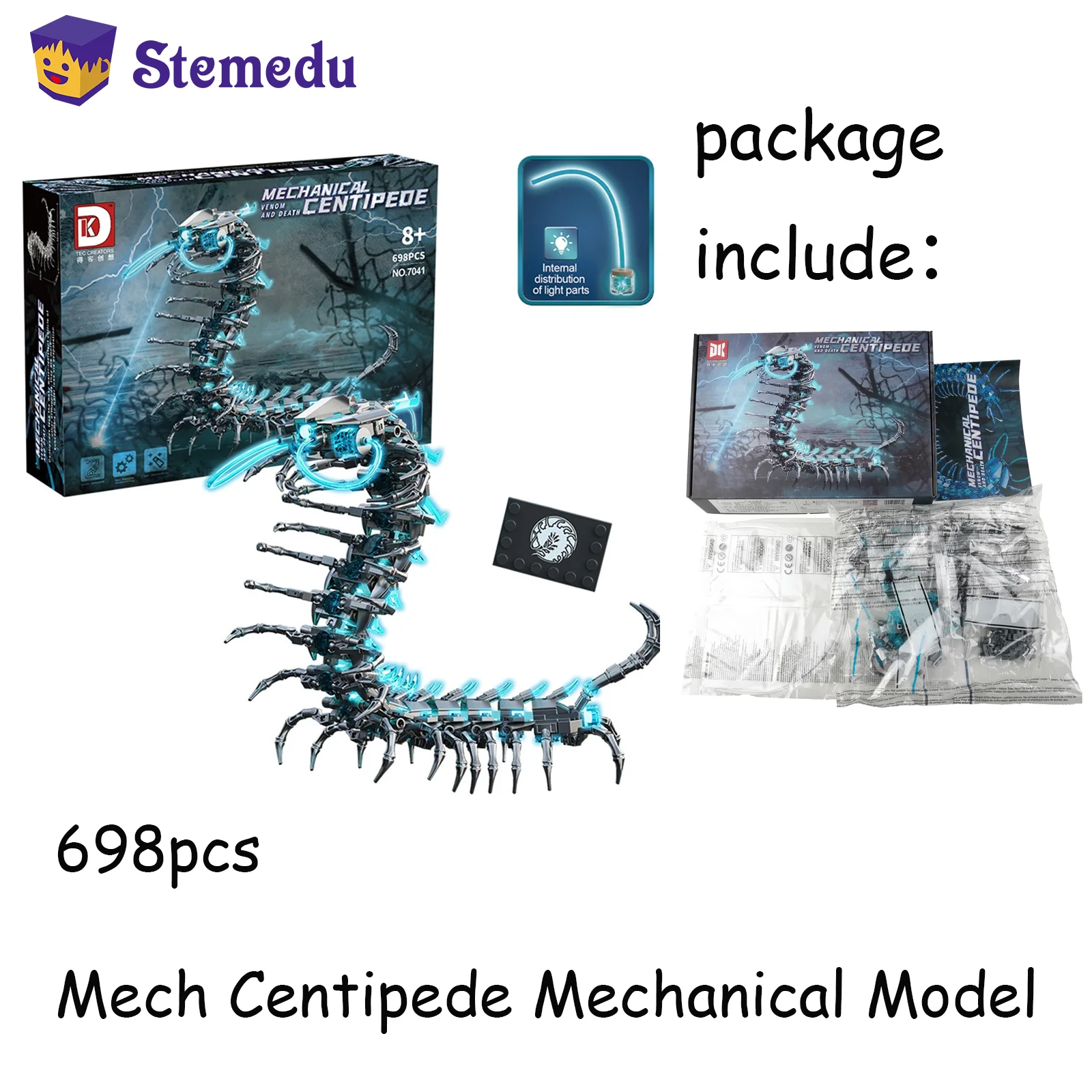 

698PCS MOC Mech Centipede Mechanical Model Puzzle Building Blocks Birthday Gift Small Particle with Block Light Educatinal Toy