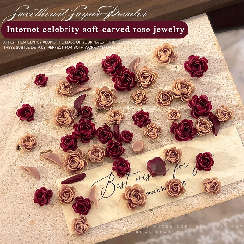 50Pcs Nail Art Rhinestones Decorations Manicure Kawaii Charms 3D Mix Sizes Beautiful Blossoming Rose Flowers Leaf Resin Adhesive