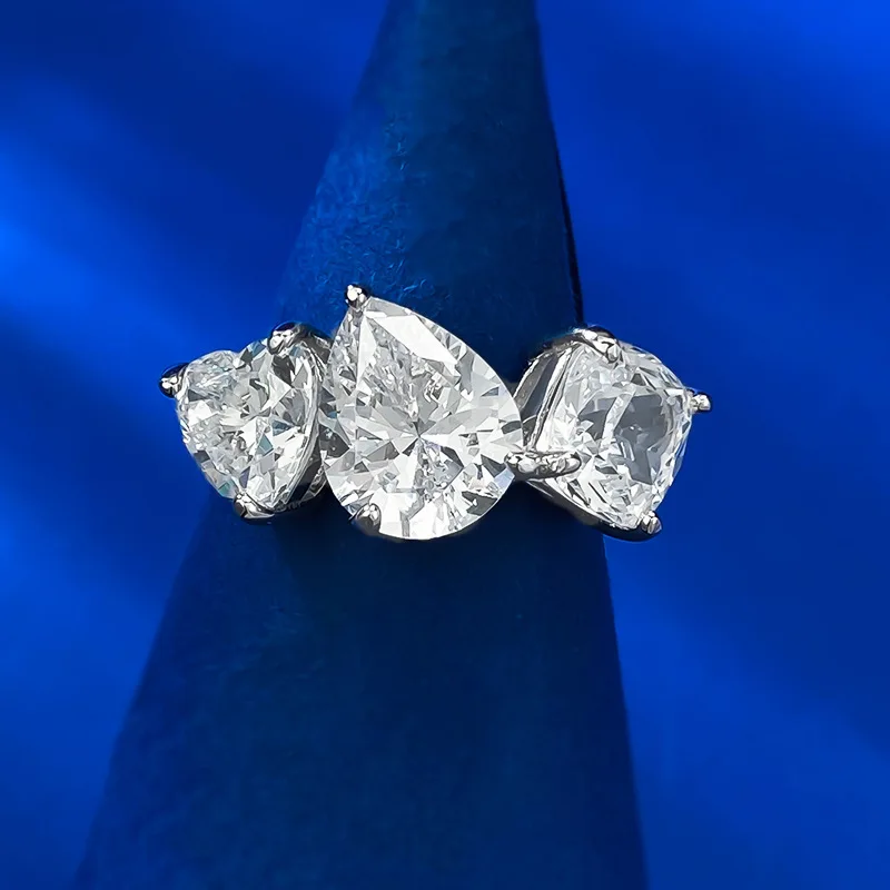 

New irregular three stone ice flower cut 8 * 10 pear shaped ring for women S925 silver