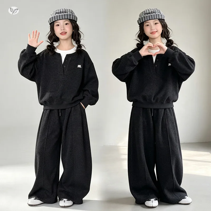 Girls Suit2026New autumn collection for older children: two-piece set with contrasting color sweatshirt and wide-leg pants in Ko