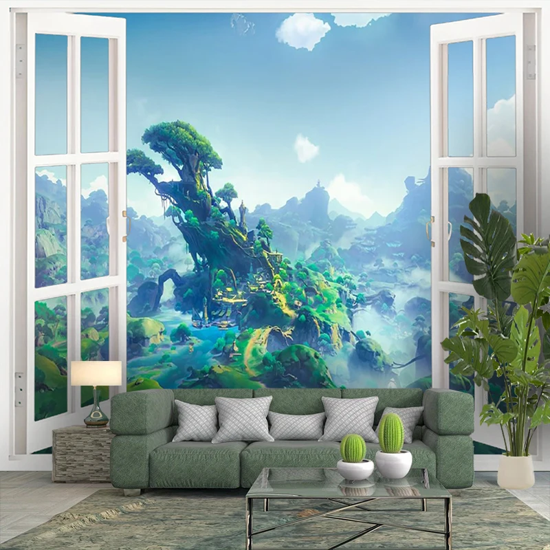 1PC Digital Printed Tapestry Wall Hanging, Window View Floating Tree Island Valley, Fake Window Fantasy Scenery Decor