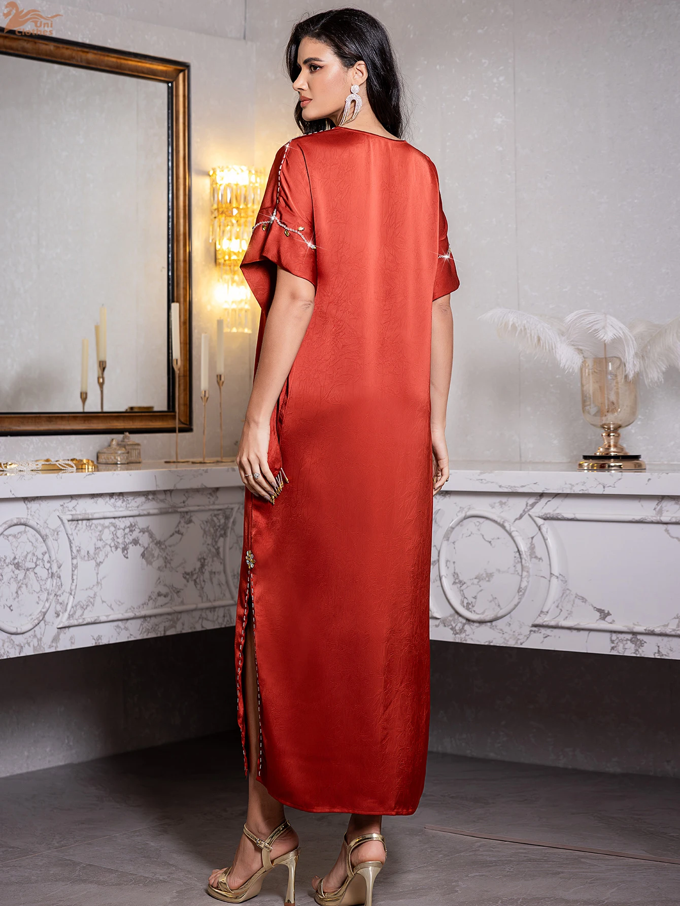 Ramadan Marokkaanse mode met strass versierde Abaya Dubai vlindermouwen maxi-jurk kaftan met splitzoom