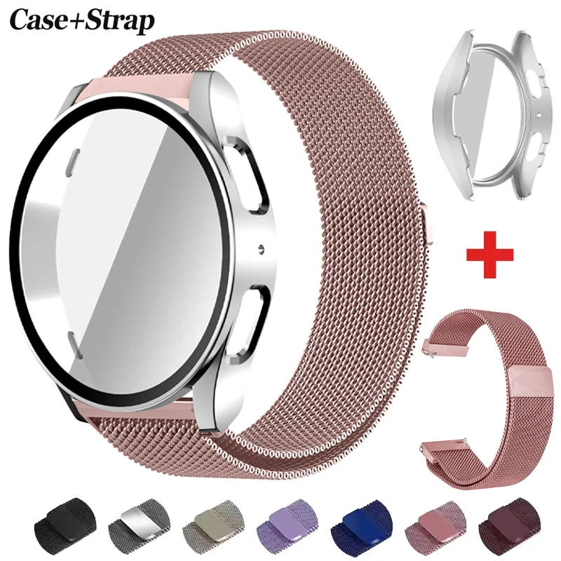 

Чехол + ремешок для Samsung Galaxy Watch 7/6/5/4 44 мм 40 мм без зазоров, металлический браслет, сменный браслет в миланской петле, чехол для ПК