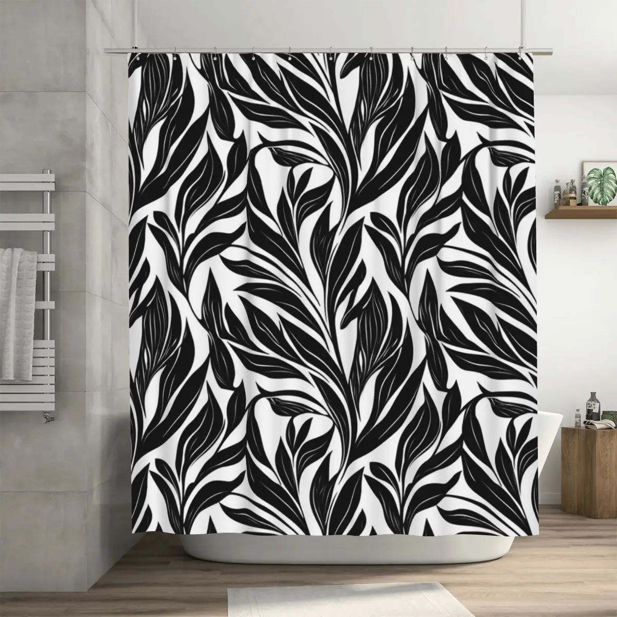 Black And White Botanical Leaf Seamless Pattern Shower Curtain Bathroom Polyester Waterproof Bath Curtains with Hooks