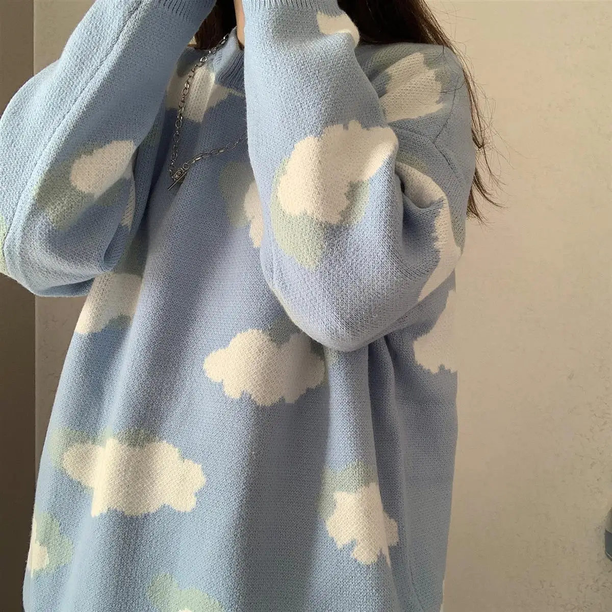 Sweater Women Korean Fashion Clouds Print Chic Sweet Simple Soft Loose Autumn Spring Pullover O-Neck Knitwear Sweaters