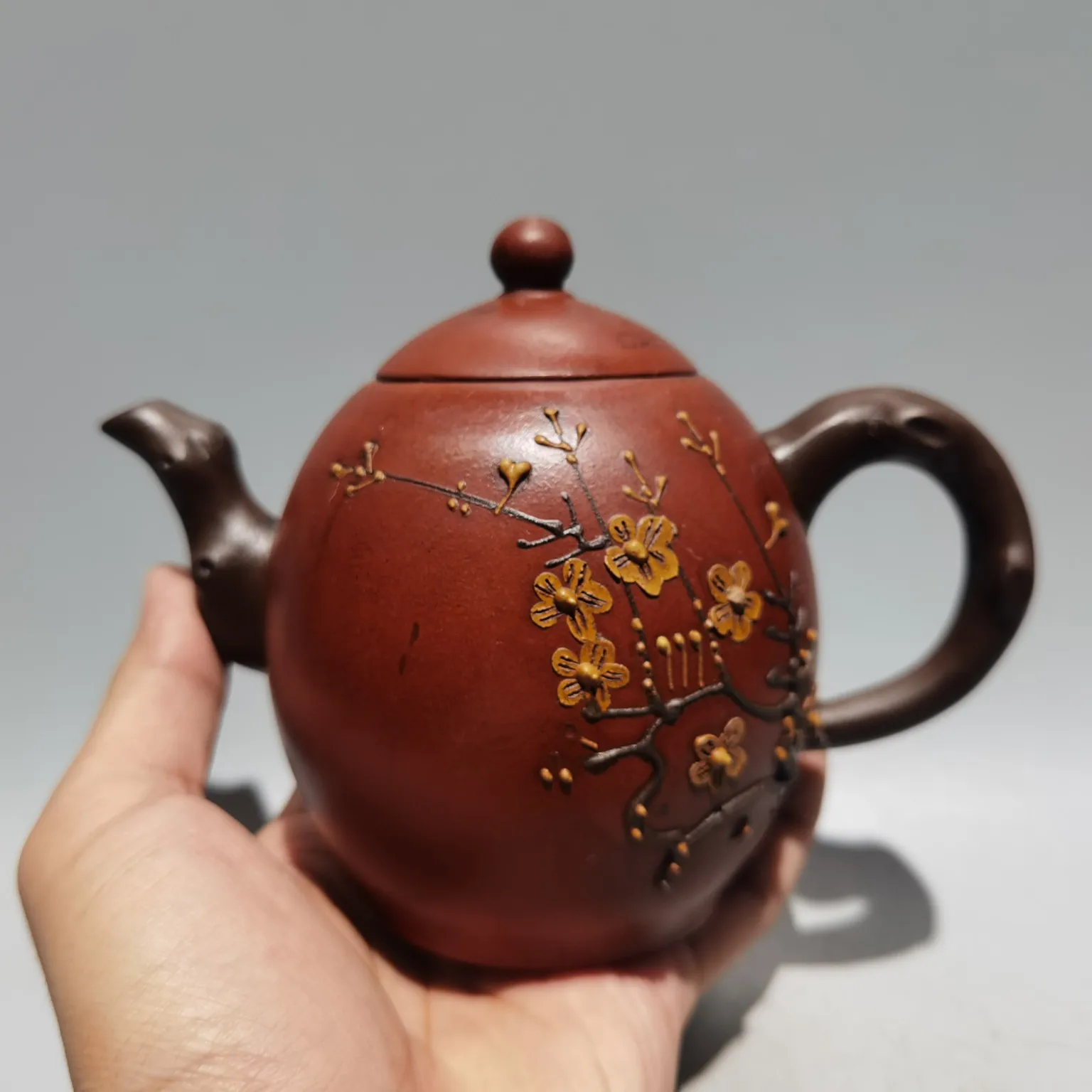 

6"Chinese Yixing Purple clay teapot Pottery mud painting plum flower pot kettle teapot purple clay pot red mud Ornaments