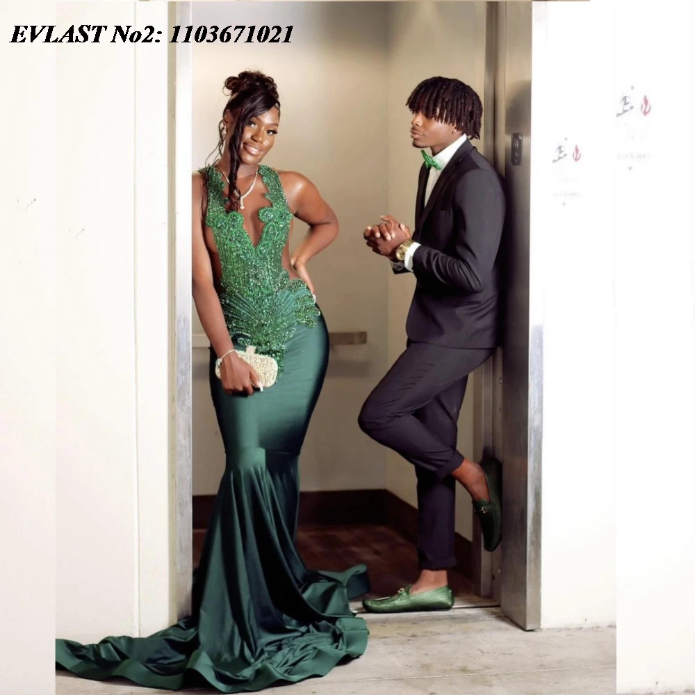 EVLAST Customized Dark Green Crystal Rhinestones Long Prom Dresses Black Girls 2025 Luxury Beaded African Birthday Gown E2P67