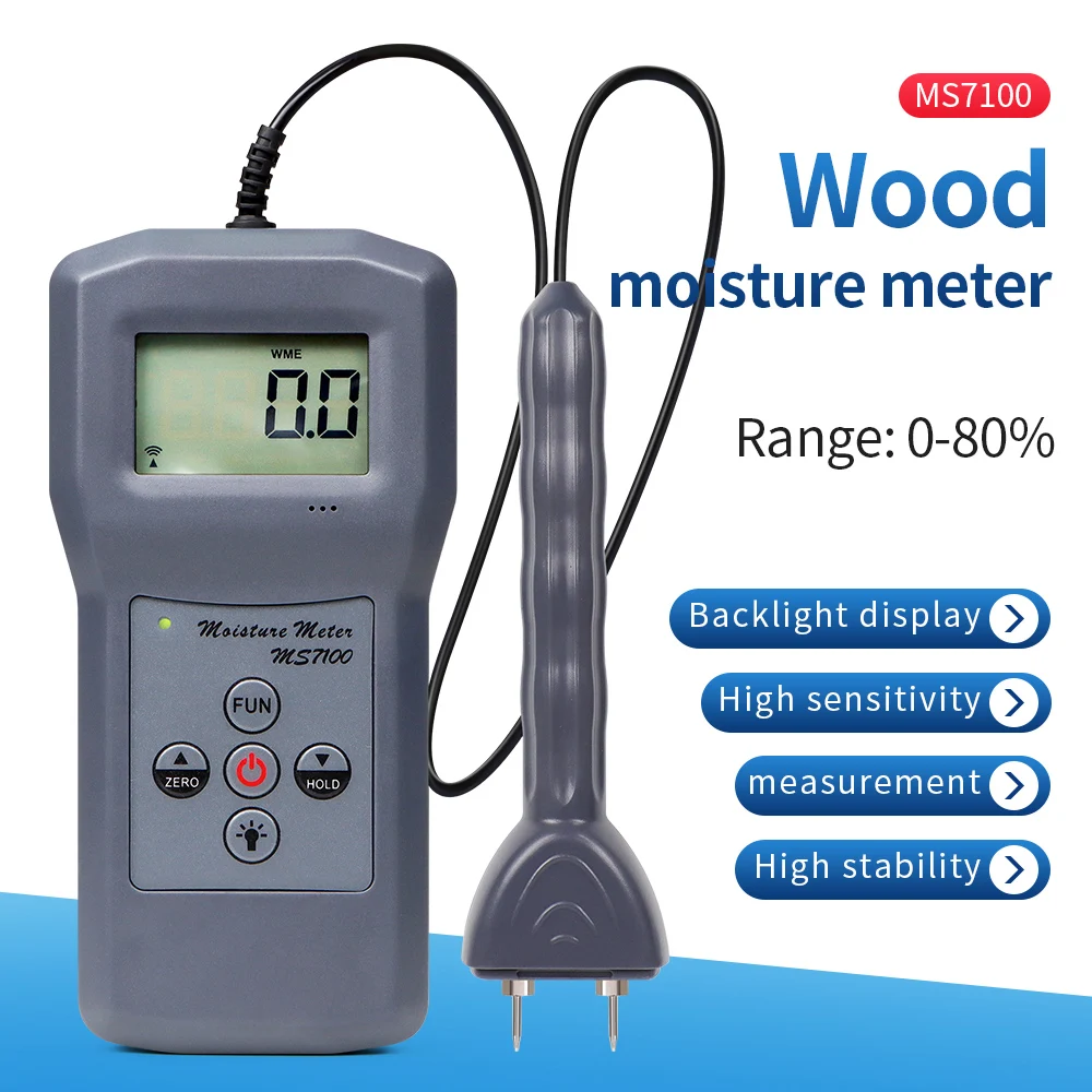 Wood Moisture Meter Digital MS7100 Pin Type Hygrometer MS7100TS Veneer Moisture Tester 0-80% Humidity Detector for Woods Bamboo