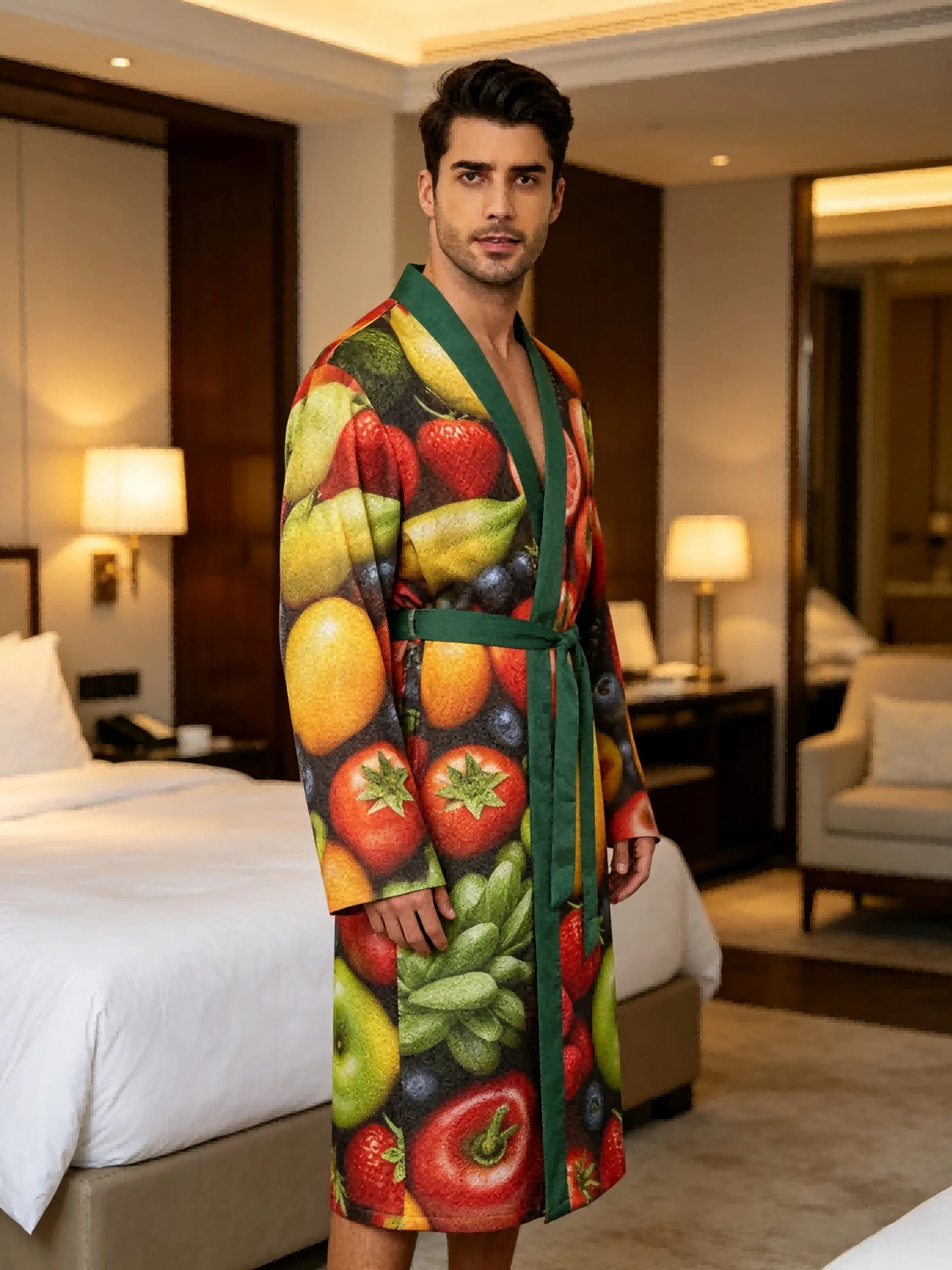 Men's lightweight quick-drying pajama bathrobe - 3D digital printing, non-fading design, stand-up collar and adjustable waistban