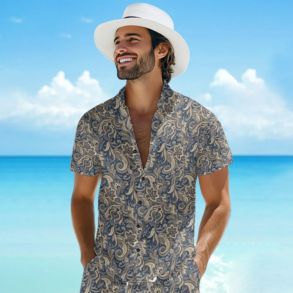 Kemeja Bunga Pria Kreatif Serbaguna Mode Kardigan Kancing Kerah Lengan Pendek Angin Liburan Pantai Hawaii Perdagangan Luar Negeri