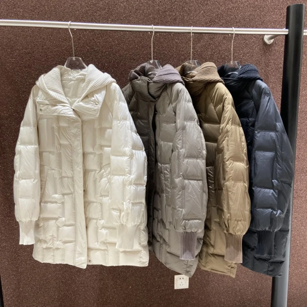 

Новинка 2025 года, зимняя женская длинная куртка на белом утином пуху, повседневная теплая парка свободного покроя, вязаная шапка, съемный пуховик