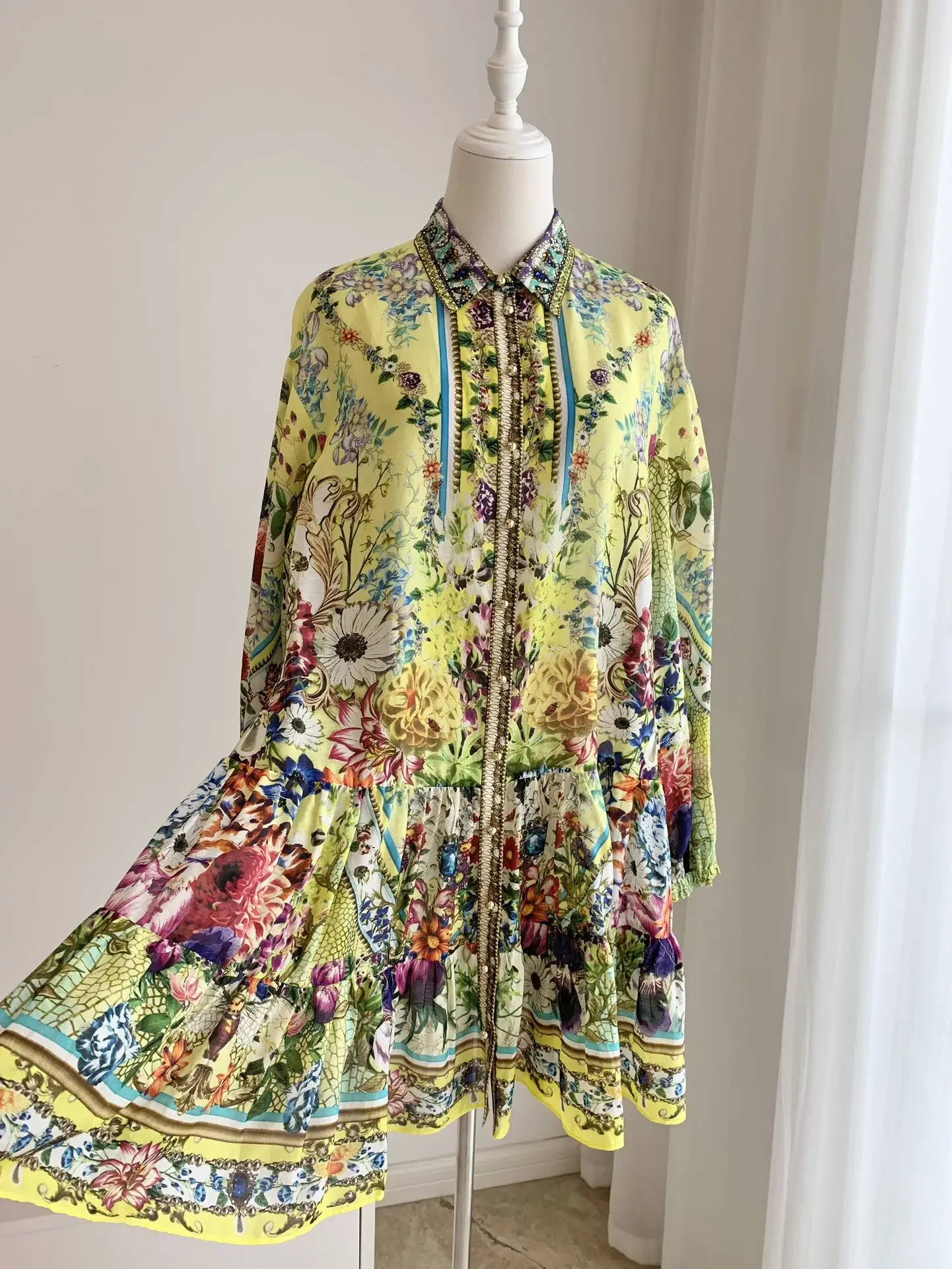 Women Single Breasted Dress Flower Print Beaded Turn-down Collar Long Sleeve Holiday Silk Cotton Mini Robe