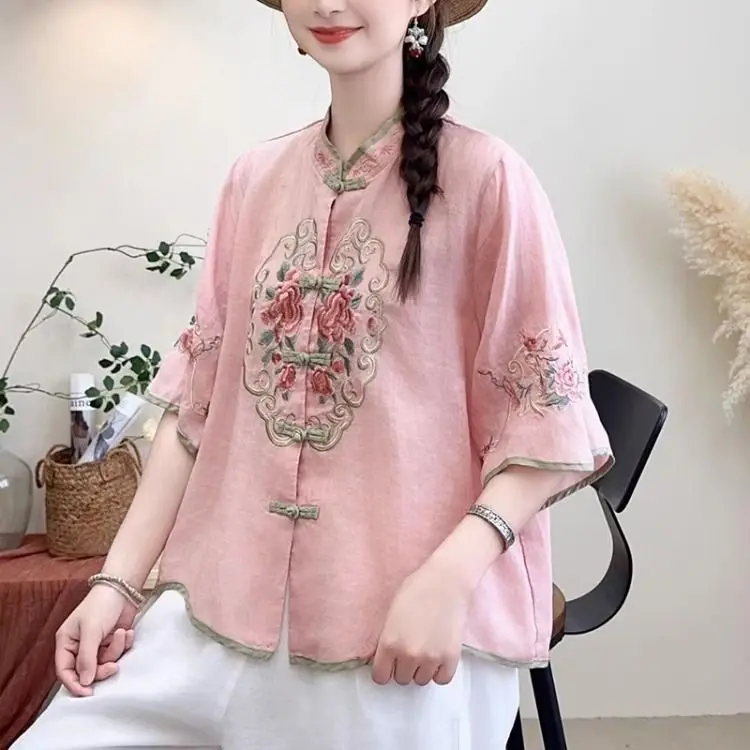 

Literary Retro Spring Summer Cotton Linen Chinese Style Embroidered Button-up Shirt Loose Stand-up Collar Top for Women Blouse