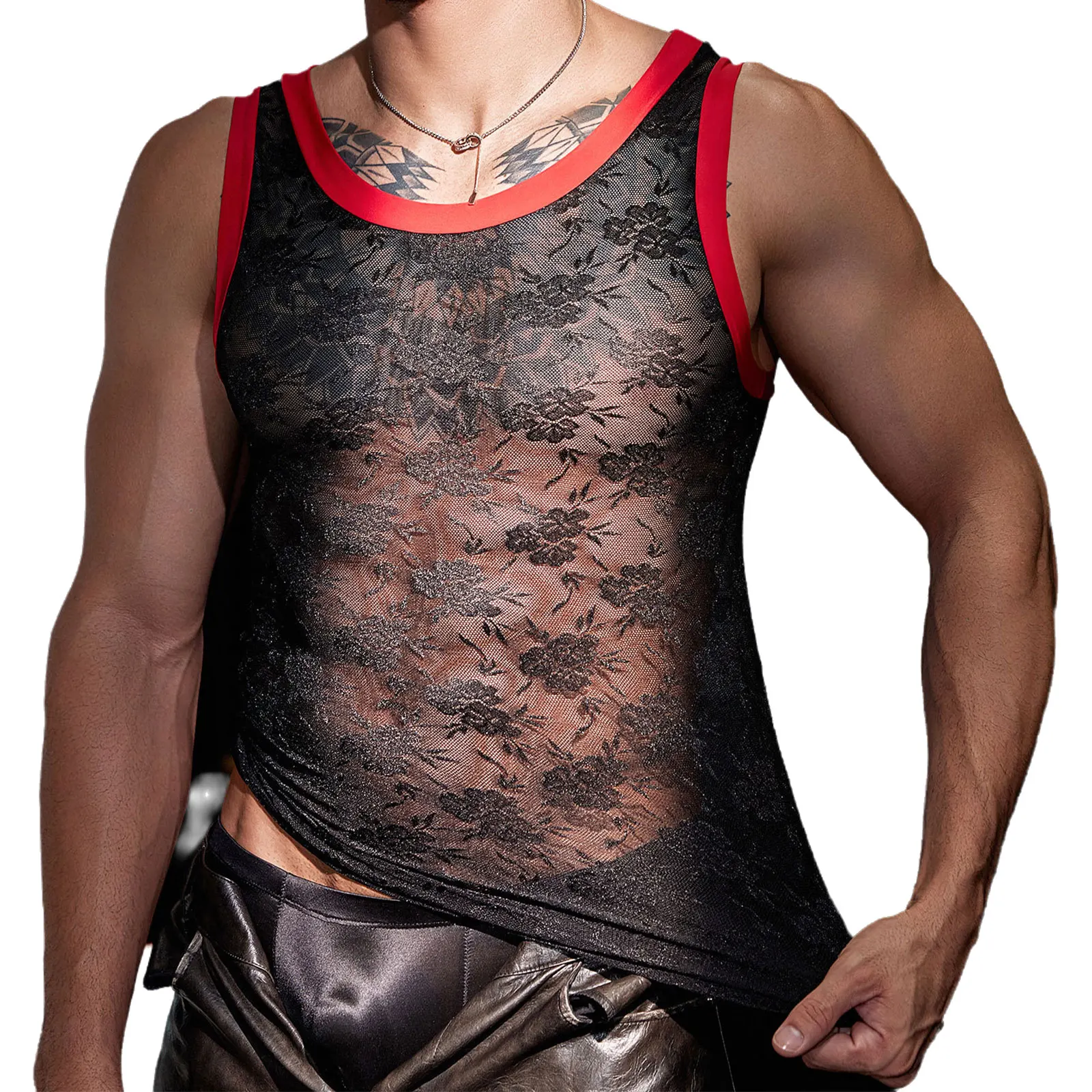 

Mens See Through Floral Lace Tank Tops Crew Neck Sleeveless Stretchy Soft Vest Singlets Clubwear for Raves Single Party