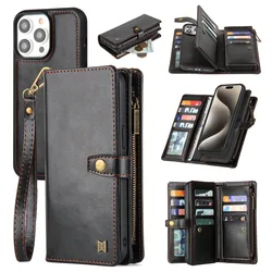 Luxury 2 in 1 Detachable Zipper Purse Wallet Case For iPhone 17 Pro Max Air 16 E 15 14 Plus 13 12 11 Magnetic Flip Leather Case