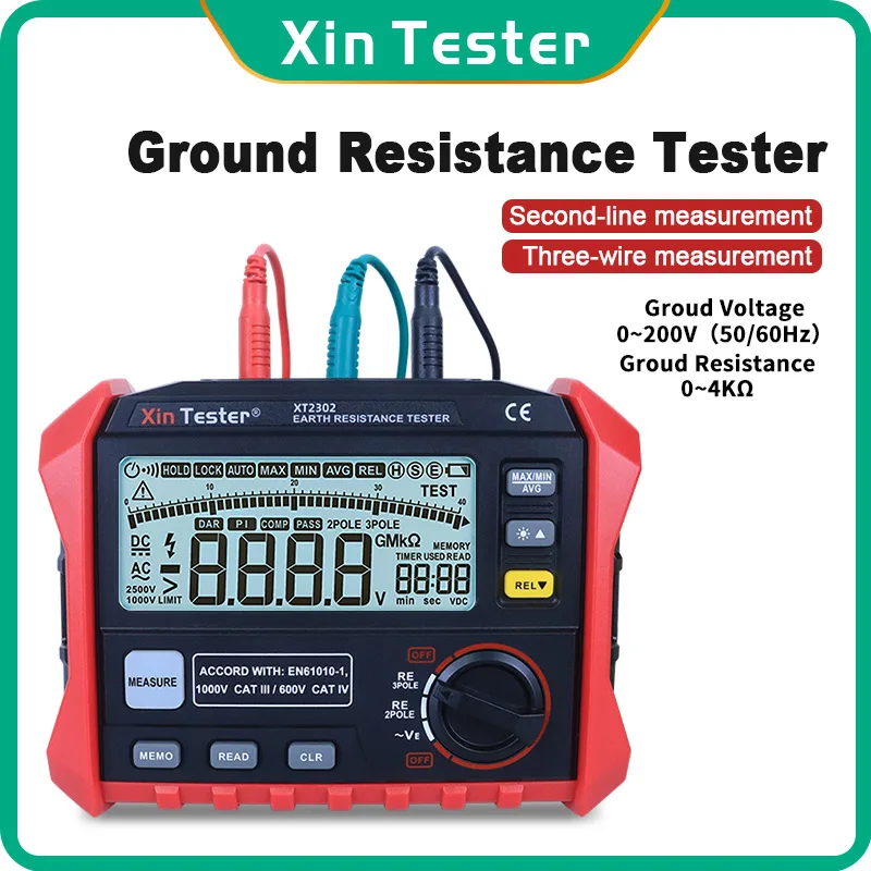 Xin Tester XT2302 Digital Ground Earth Resistance Voltage Tester Meter 0 ohm to 4K ohm 100 Groups Data Logging with Backlight