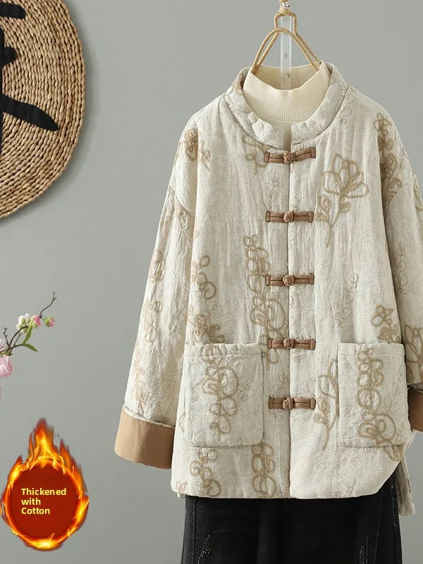 Neue Chinesische Sle Thiened 3D Stickerei frauen Jaet Winter Vintage Hochwertige Kleine Stehkragen Baumwolle Mantel