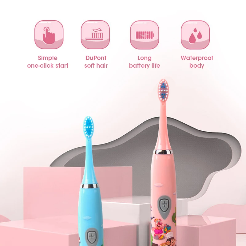 فرشاة أسنان كهربائية بالموجات فوق الصوتية للأطفال ، سونيك مع رأس بديل ، شحن USB ، 5 التروس ، 2 دقيقة الموقت ، أطفال ، الكرتون