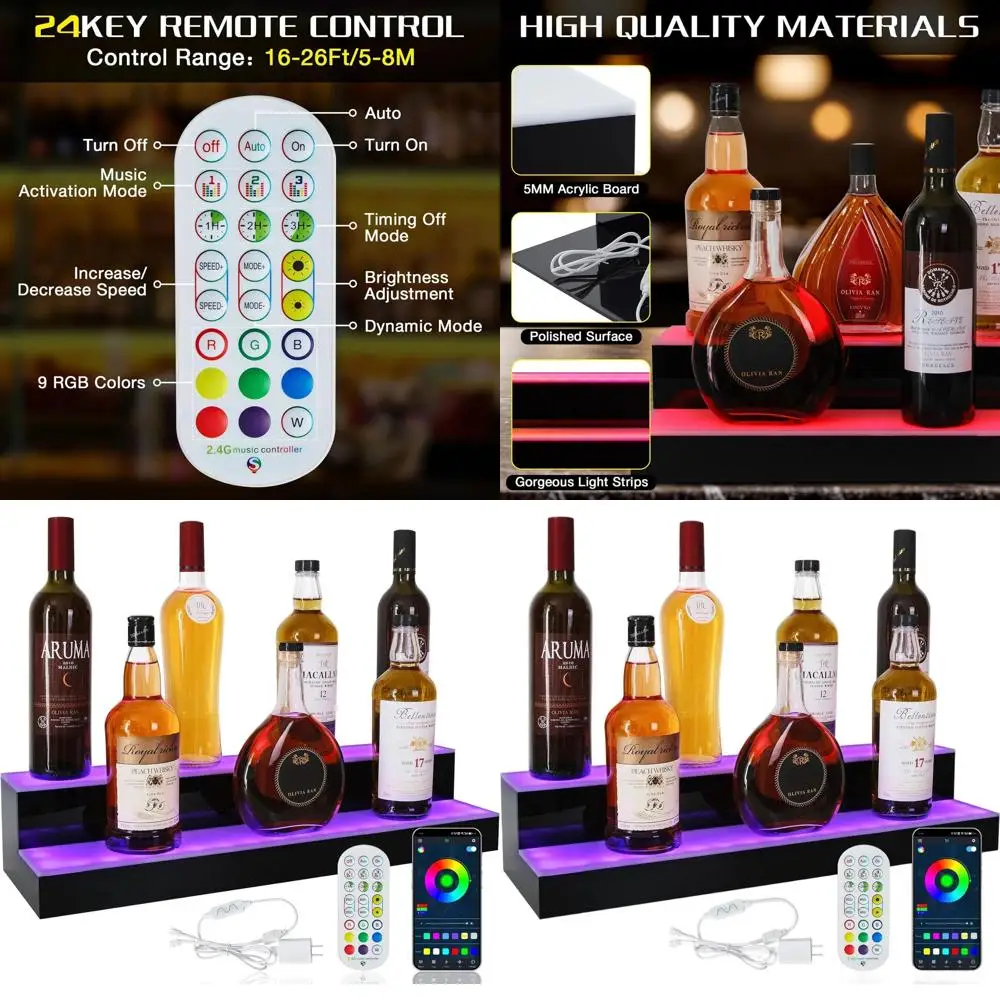 Estante de Exhibición de Botellas de 2 Niveles con 24 Luces LED, Control Remoto y por Aplicación, para Whisky, Vino y Más