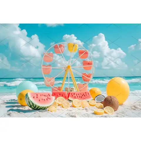 여름 수박 파티 사진 배경 하와이 해변 코코넛 나무 생일 사진 사진 배경 스튜디오