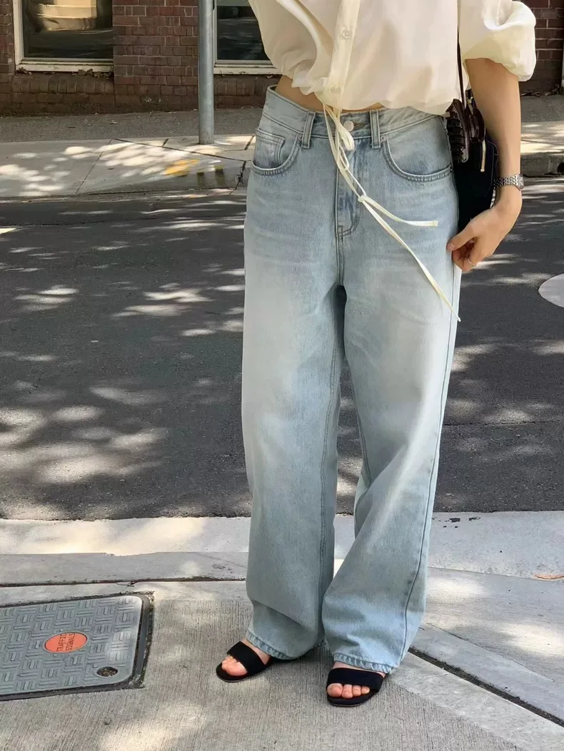 

Spring 2026 Loose Straight Leg Light Blue Washed Denim Jeans Women's High Waist Cotton High Elasticity Korean Style Jeans