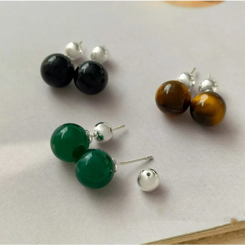 

S925 Silver Needle High-end Niche Black Agate Round Bead Earrings Temperament Retro Tiger Eye Stone Design Earrings 2300