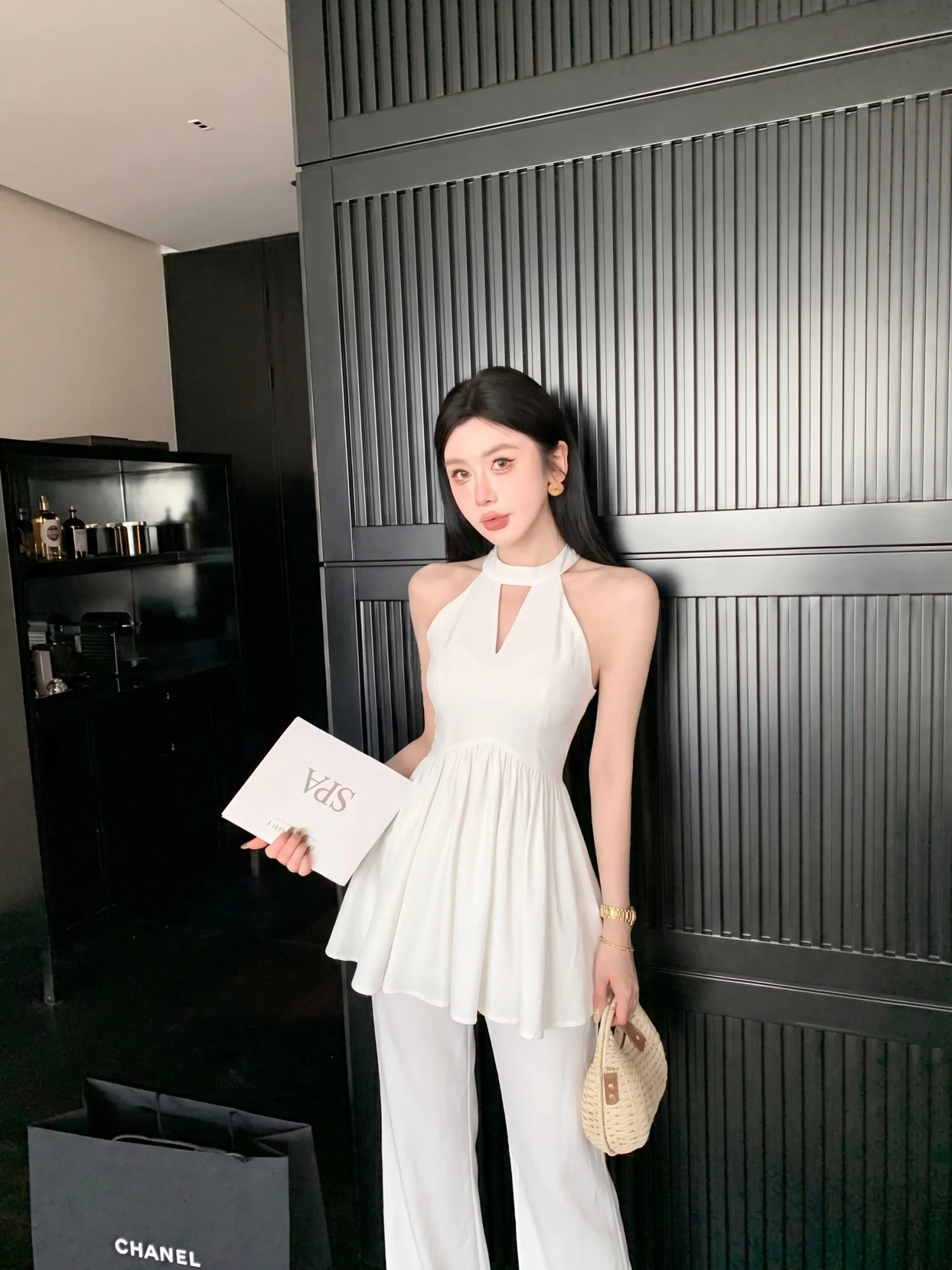 

High Waist Wide Leg Pants Hollow out Waist Cinching Sleeveless Top Two Piece Set Elegant Neck Hanging Fashion Women's Ensemble