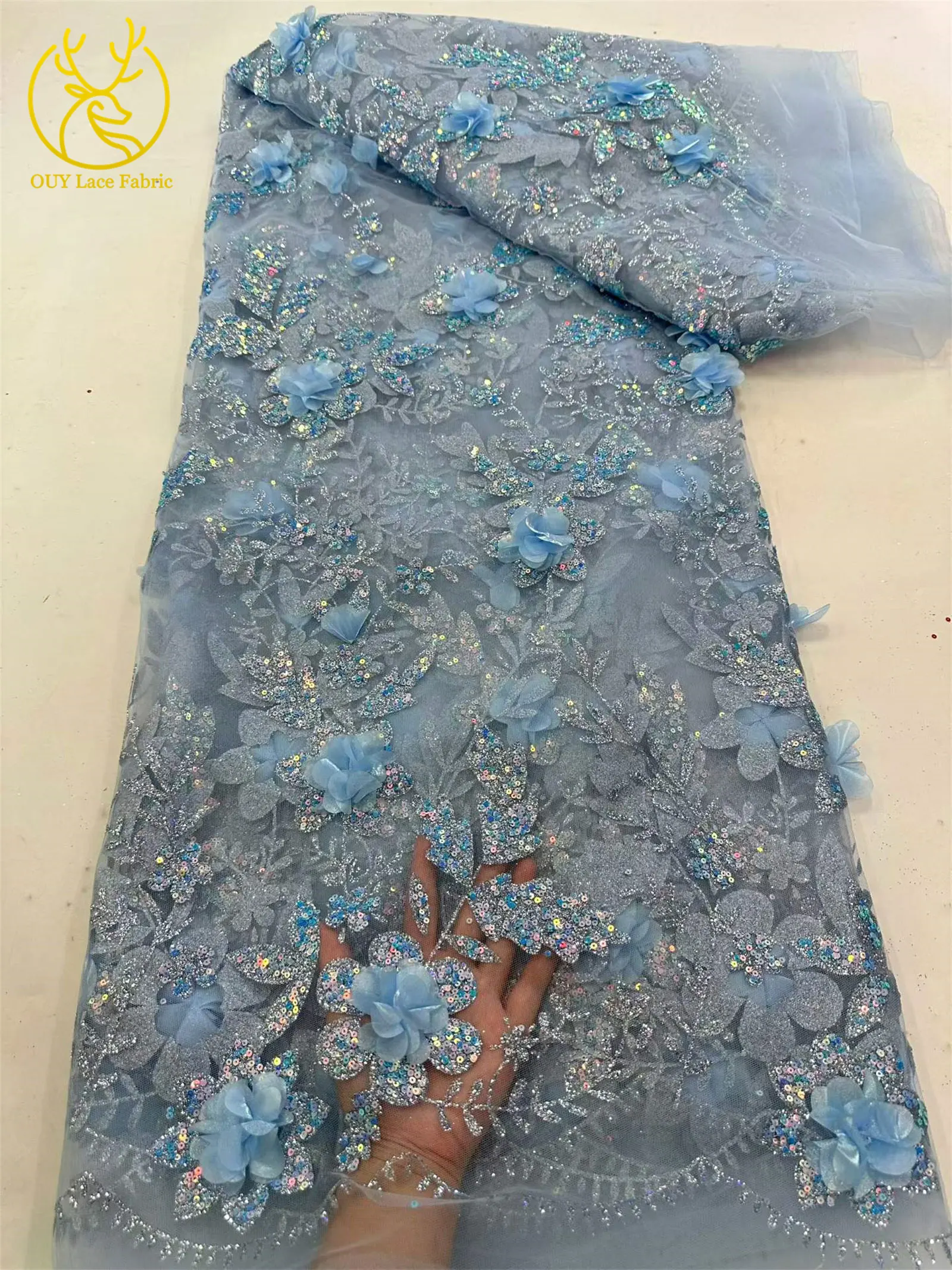 3D-Blumen Afrikanischer Spitzenstoff Roter Nigerianischer Pailletten-Spitzenstoff 2026 Hochwertiger Französischer Tüll-Spitzenstoff für Hochzeitskleider – Detail 11