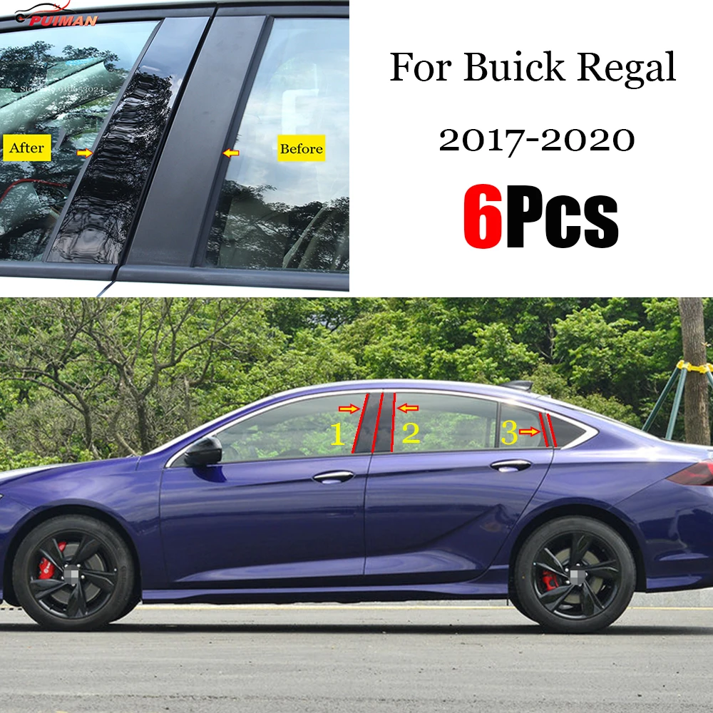 

6PCS BC Pillar Cover Door Car Window Black Trim Strips PVC Practical Easy To Install For Buick Regal 2017 2018 2019 2020