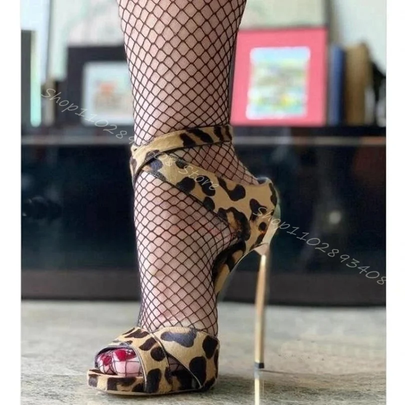 

Leopard Print Metal Stiletto Sandals Peep Toe Ankle Buckle Fashion Shoes Women Summer Big Size Shoes 2023 Zapatos Para Mujere