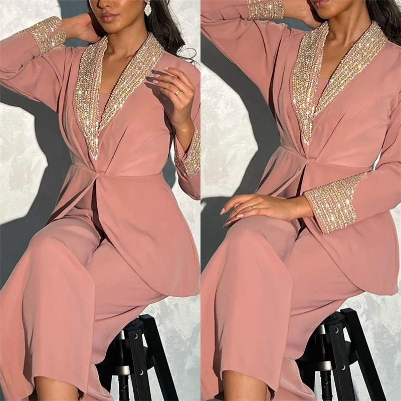 Crystals Women Suits For Wedding Blazer+Pants Formal Pink Luxury Prom Dress Elegant Tuxedos Jacket+Trousers Custom Made