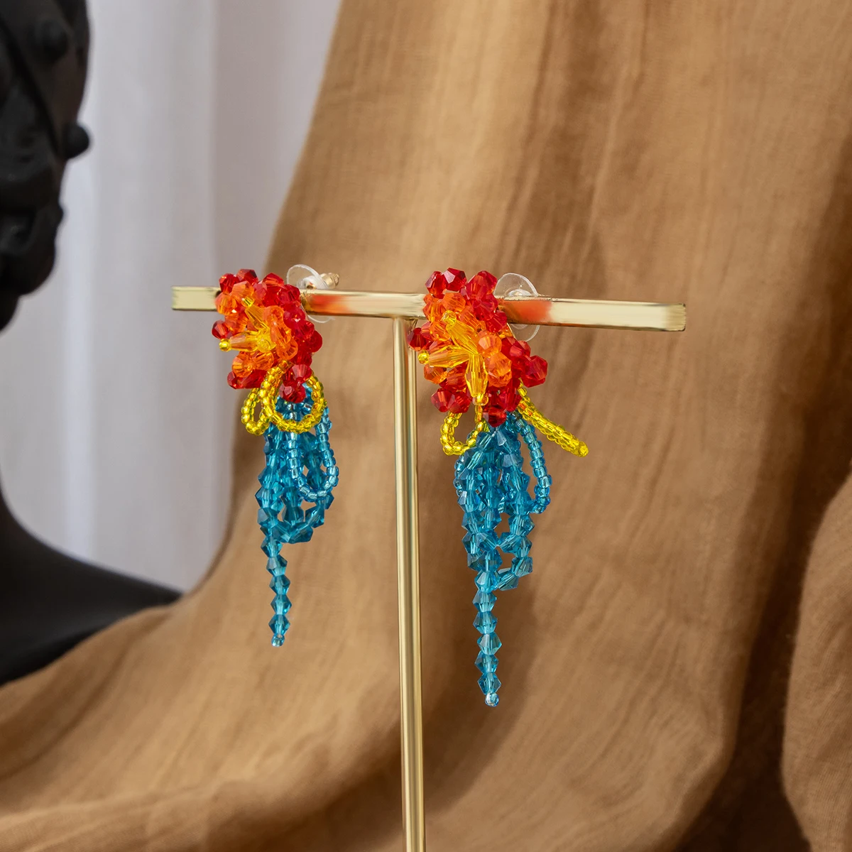 Colorful Hand-Woven Flower Earrings, Long Tassel Beaded Dangle Niche Cute Sweet Vacation Style Jewelry