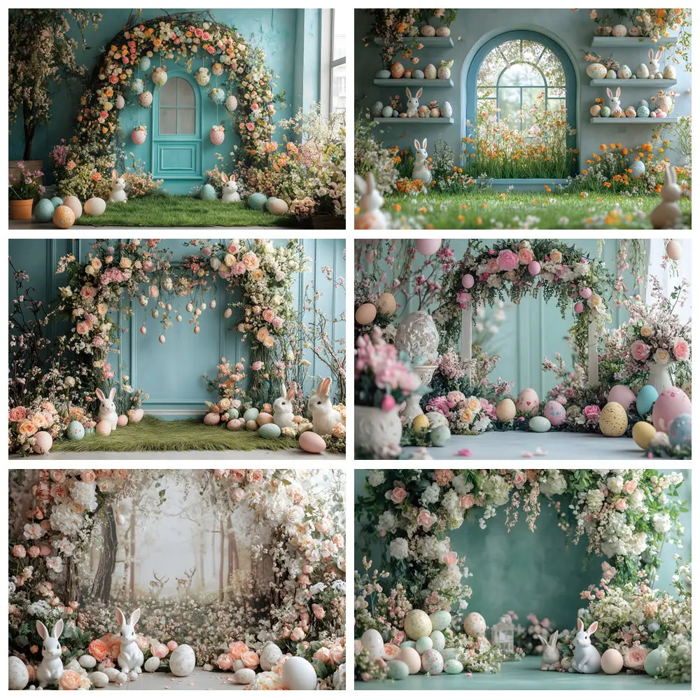 Spring Happy Easter Backdrop Arch Floral Rabbit Egg Bunny Flower Garden kids Birthday Easter Photography Background Photo Studio