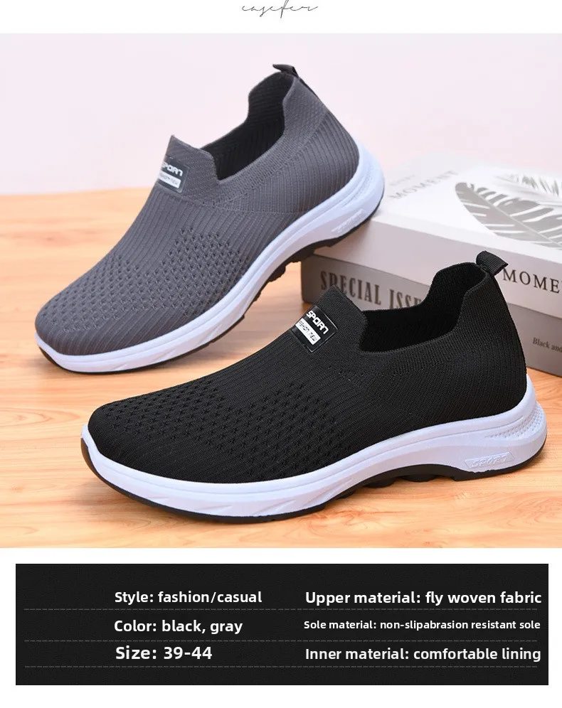 Herren-Strick-Slipper, atmungsaktives, fliegendes Gewebe-Obermaterial, dicke, rutschfeste Sohle, bequeme Freizeitschuhe zum Gehen – Detail 5