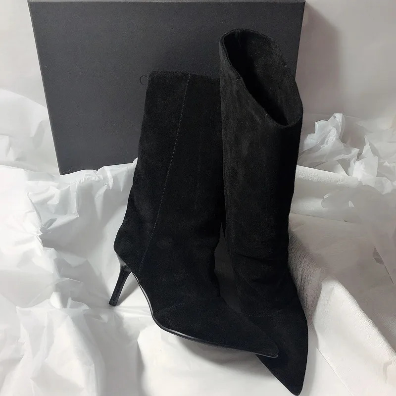 2025 New French Pointed Toe Stiletto Heel High Heel Pile Boots Skinny Mid-thigh Boots for Women